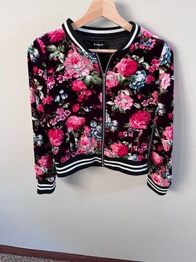 Kidpik Girls Floral Velvet Bomber Jacket Purple Pink Full Zip Size XL 14